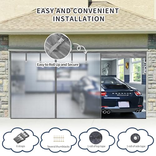 Image of Garage Door Screen for 2 Car Garage,16X7Ft Heavy Duty Magnetic Garage Screen,Durable Nylon Screen Door Mesh,Tear-Resistant, Pet and Kid Friendly Door Screen,Silver Grey