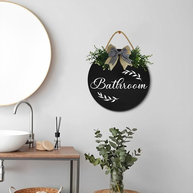 Cartello In Legno Per Bagno 'Bagno Aperto 24 Ore Su 24' | Decorazione Rustica Con Piante E Fiocco | Regalo Per Casa