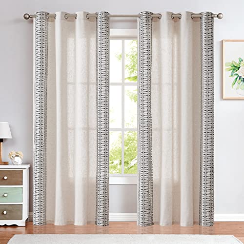 Lazzzy Linen Curtains Bordered Boho Curtains Embroidered Drapes Light Filtering Privacy Window Treatment Set For Living Room Bedroom Grommet Top 2 Panels 84 Inch Length Black On Beige #TOP1