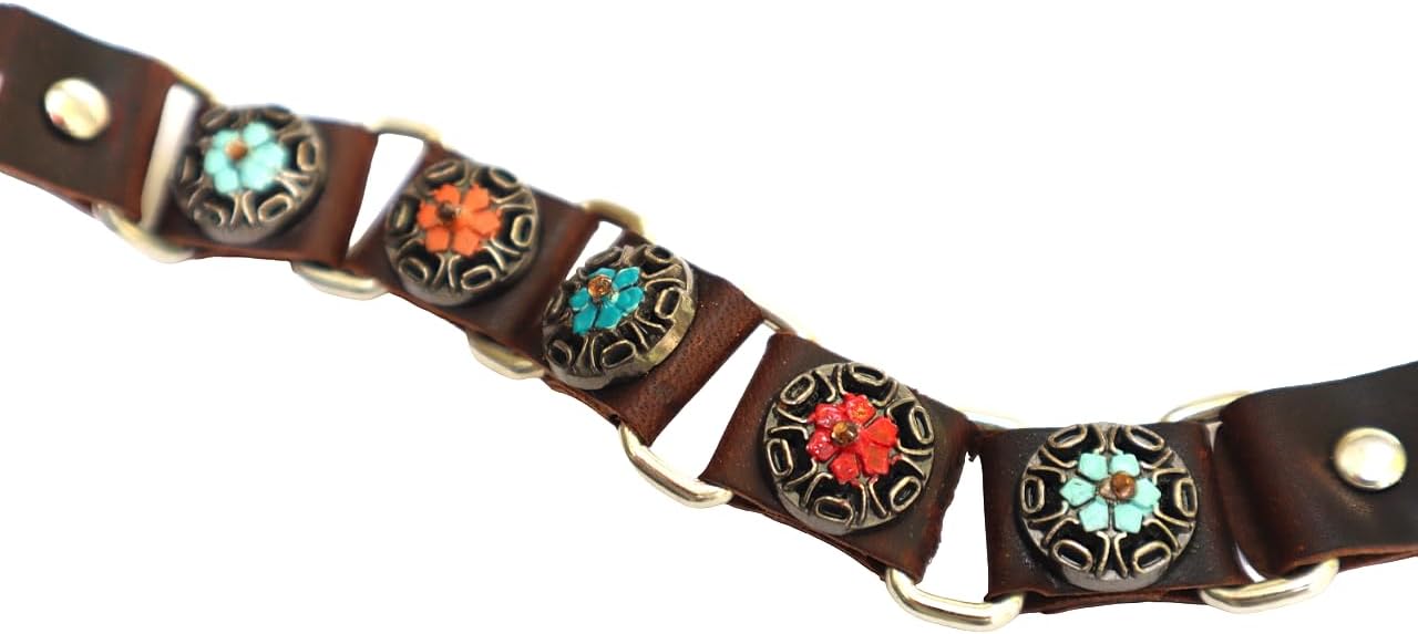Adjustable Brown Leather Link Bracelet with Flower Studs Buckle Closure Hand Painted Accents Crystal Rhinestones Art Nouveau Bohemian Jewelry for Women Teen Girls