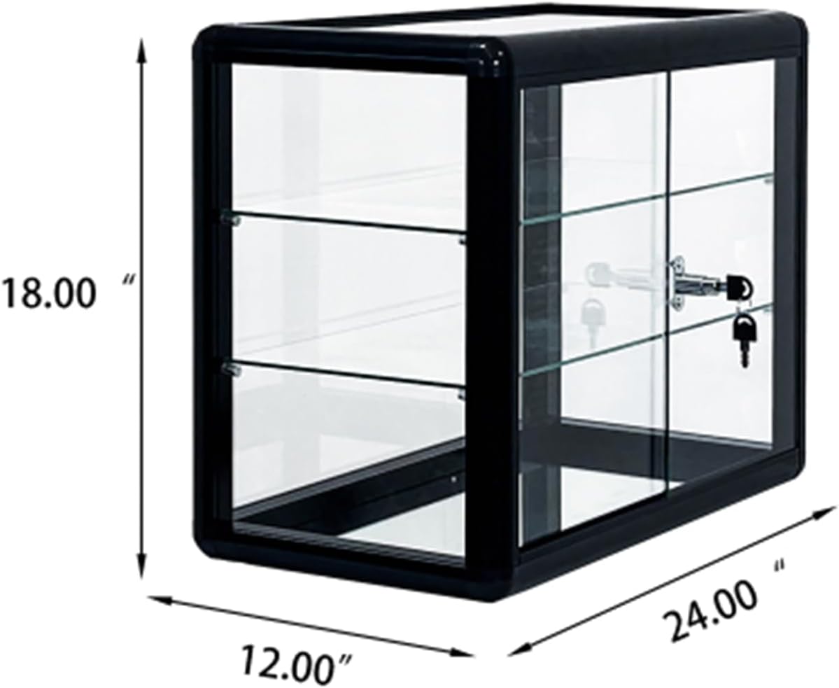 3-Layer Transparent Display Cabinet, Aluminum Frame Display Cabinet, Countertop Display Cabinet with Sliding Glass Door and Lock, Suitable for Living Room, Bedroom, Store, Black