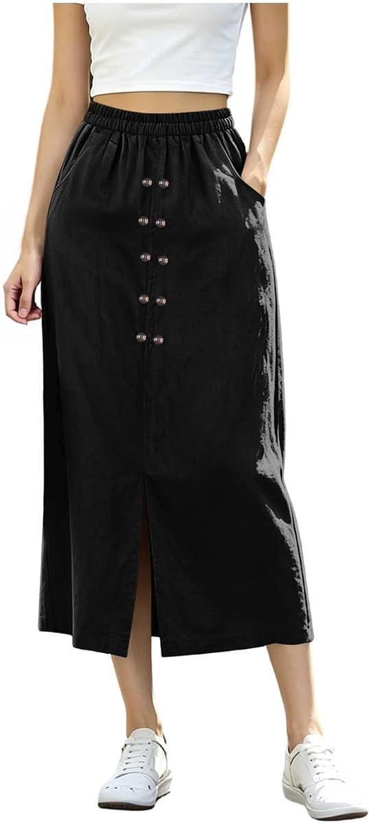 Womens Cotton Linen Skirts Casual A-Line High Waist Skirt with Slit | Womens Summer Skirts with Pockets Fall High Waisted Boho Cotton Linen Midi Length Flowy Skirt Slit Front Fashion Clothes