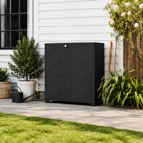 Indoor/Outdoor Storage Cabinet Weatherproof with 1 Shelf, HDPE Waterproof Plastic Outdoor Storage Cabinets, 60 Gallon Plastic Shed for Garden, Vertical Outdoor Storage Box for, Garden Tools, Black