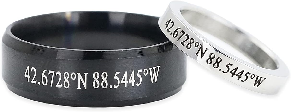 Custom Coordinates Couple Ring Set of 2, Memorial Location Engraved, Silver Thin for Her & Black Thick for Him, Loved ones matching Bands, Lifetime Stainless Steel