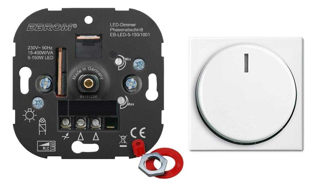 EBROM® podtynkowy ściemniacz LED ściemniacz obrotowy + Busch Jäger osłona ściemniacza 2115-914 biel alpejska Balance SI, odcinek fazy, do LED 5-150 W + ściemniana halogen itp. 15-400 W/VA