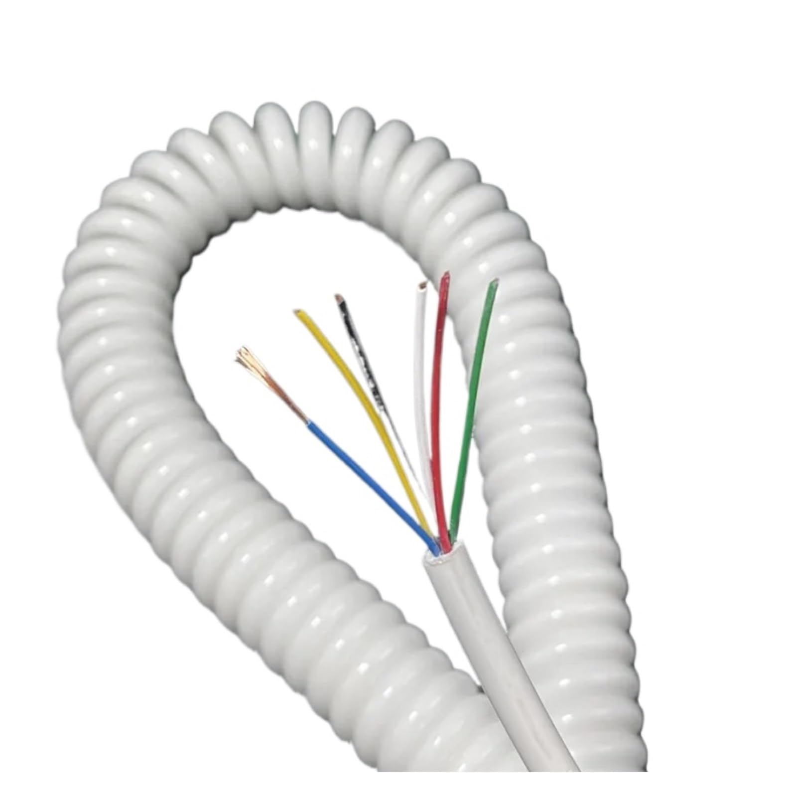 Teleskopowy kabel sprężynowy spiralny | 6-rdzeniowy elastyczny kabel elastyczny biały, 24 AWG, 1-14 m (rozciągliwy 3 metry)