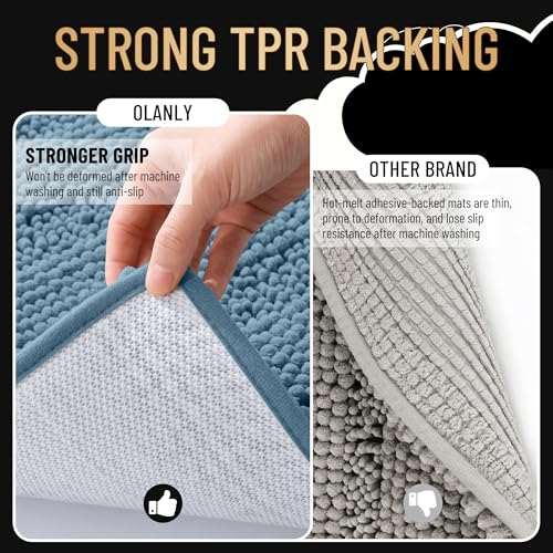 Image of OLANLY Thick Bathroom Runner Rugs 47x20, Extra Absorbent Chenille Striped Bath Rugs, Rubber Backing, Machine Wash Dry, Long Bath Mats for Bathroom, Tub and Shower, Home Decor Accessories, Airy Blue