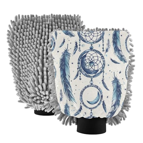 ALAZA Dreamcatcher Moon Boho Car Wash Mitt Scratch Free, 2 Pack Absorbent Microfiber/Chenille Washing & Drying Mitts, L