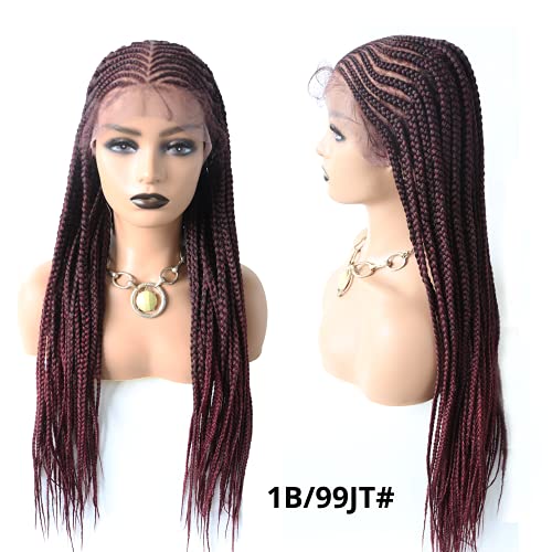 7"X13" Swiss Lace Front Wigs With Baby Hair For Women Cornrow Twist Braided Box Hand Tied 28" Lightweight Synthetic American African Hair (#1B/99Jt Black Mix Wine Red) #TOP1