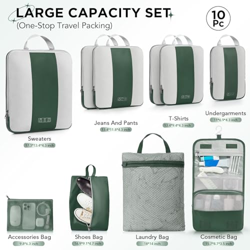 10 Set Compression Packing Cubes for Travel Essentials,Compressible Expandable Packing Cubes for Suitcase,OlarHike Luggage Organizer Bags for Travel,Handy Helper for Organizing Clothes(Dark Green) - Image 3
