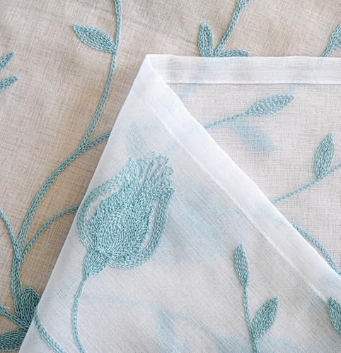 Image of Floral Embroidery Sheer Curtains Blue 95 Inches Long, Window Treatments Rod Pocket Drapes for Living room, Bedroom, Semi Crinkle Voile Curtain Panels for Yard, Patio, Villa, Parlor, Set of 2, 52 inchx95 inch.