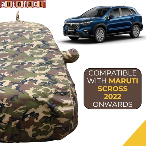 Image of Autofact 100% Waterproof Car Body Cover Compatible with Maruti S-Cross (2022 to 2023), with Mirror and Antenna Pockets,4x4 American Matty, Long Lasting Material, Camouflage Army Look
