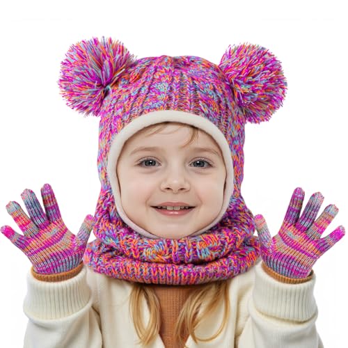 HONGTEYA Toddler Winter Hat Scarf Glove Set, Unisex Baby Kids Velvet Lined Knitted Hat with Neck Warmer for Cold Weather (2-5T Multicolor)