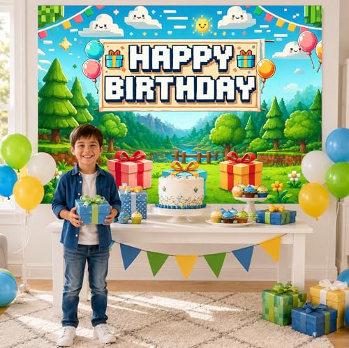 Image of Happy Birthday Banner Boy 5x3ft Birthday Sign Village Gaming Birthday Party Decorations Videogame Themed Banner Video Game Decorations Video Game Happy Birthday Backdrop for Boys