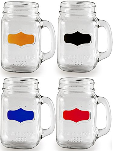 Circleware Yorkshire Mason Jar Mugs With Fun Colored Chalkboard And Glass Handles, Chalk Included, Set Of 4, 17 Ounce Each, Limited Edition Glassware Serveware Drinkware Drinking Glasses Cups #TOP6