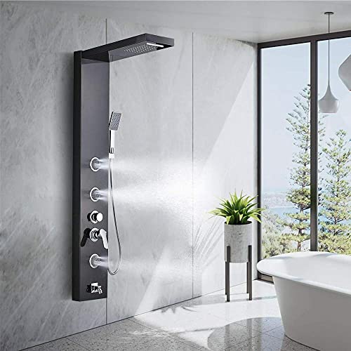 Stainless Steel LED Shower Panel Tower rain Waterfall Massage Nozzle System Mixer Shower Column-Black 1039 miniatura 1