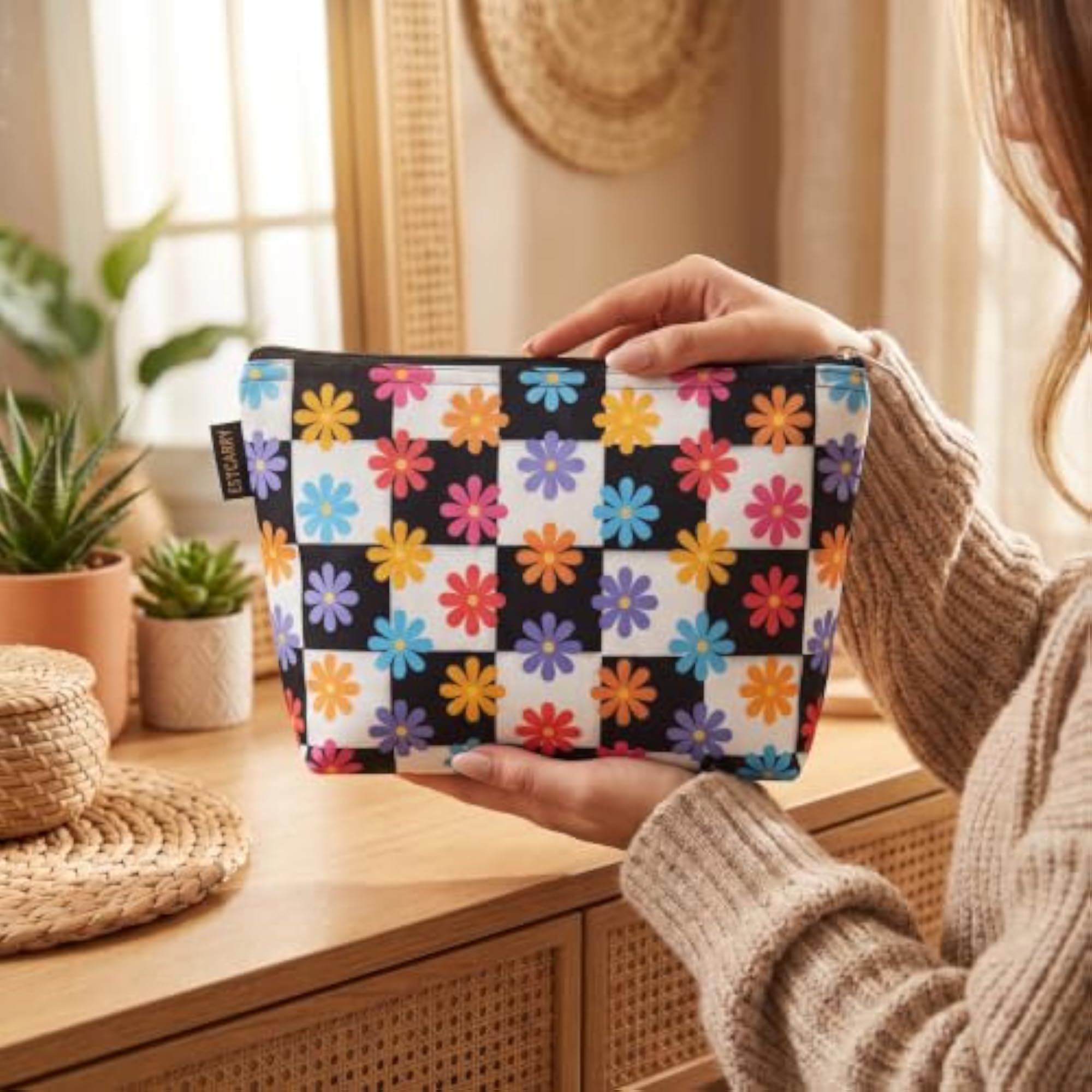 Black Retro Floral Checkerboard Canvas Makeup Pouch