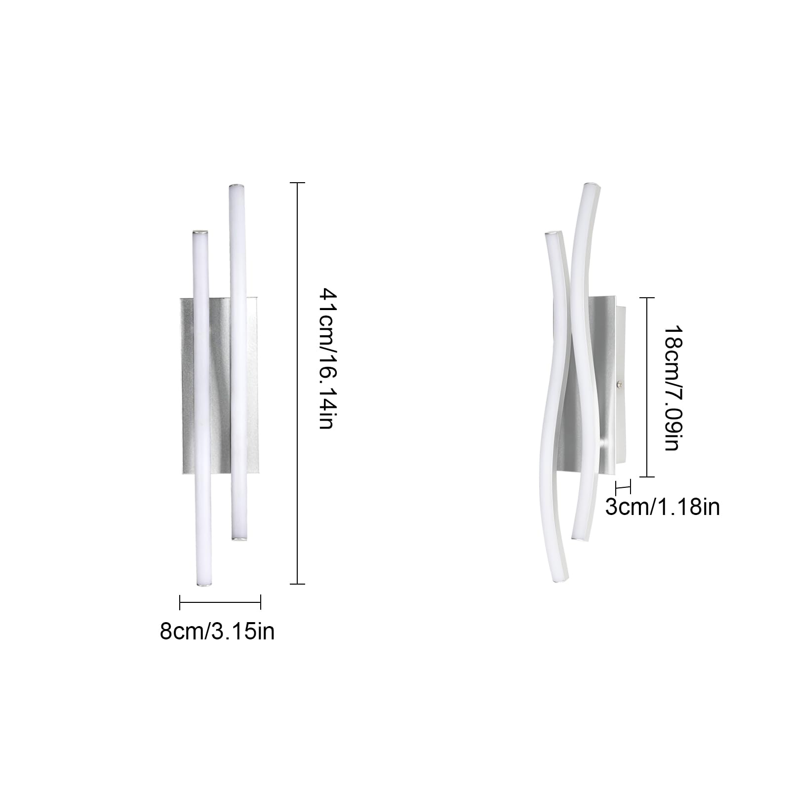 Comely 2 Pezzi Applique da Interno LED, 14W 1575LM Moderna Lampada da Parete per Interni, Lampada a Muro per Soggiorno Camera da Letto, Luce ianca 6500K, Argento, 41cm