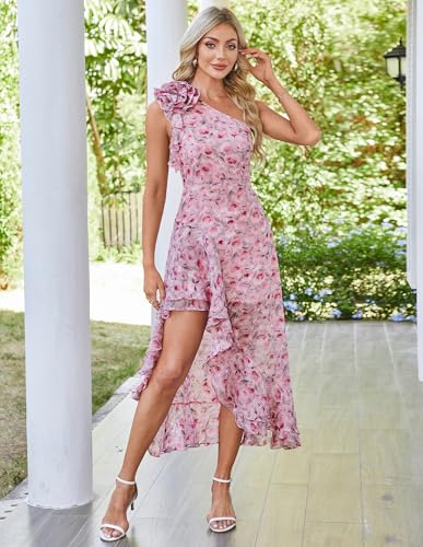 Image of GRACE KARIN Womens Summer One Shoulder Sleeveless Dresses Floral Flowy Ruffle High Low Wedding Guest Maxi Sundresses