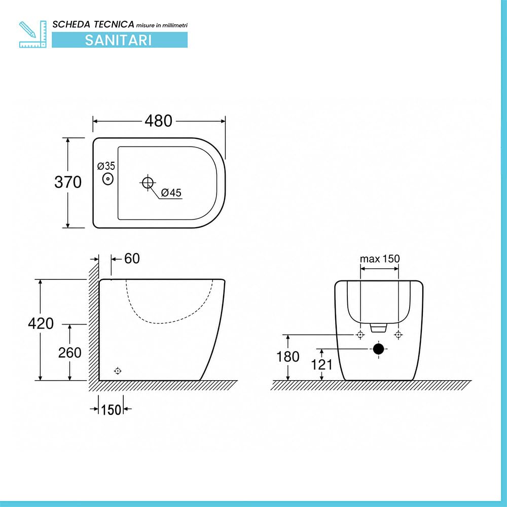Sanitari Filo Muro 48 Cm Salvaspazio Con Wc E Bidet Linea Atami, Set Con Scarico A Terra Tornado Rimless E Sedile Soft Close, Ceramica Bianco Lucido