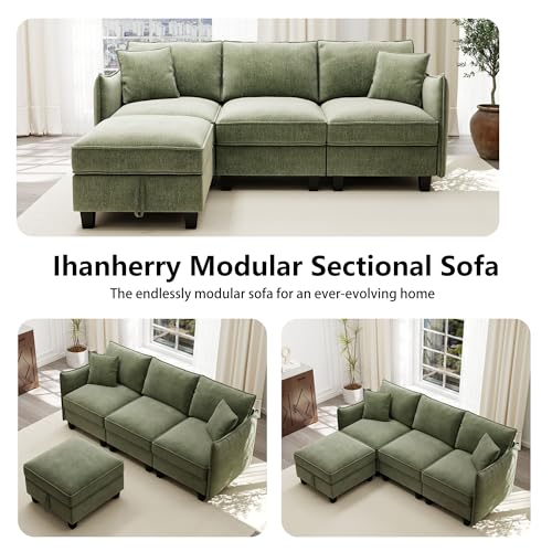 Image of Ihanherry 85.8 inch Modular L-Shaped Sectional Sofa, Modern 4-Seat Cloud Couch with Storage Ottoman, Comfy Chenille Convertible Furniture Set for Living Room, Apartment, Easy Assembly, Green