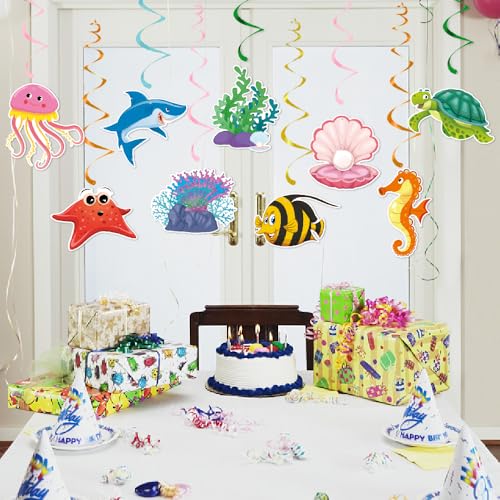 Image of Under The Sea Party Decorations, Kaluofan 36 Pcs Ocean Themed Party Decorations, Under The Sea Ocean Themed Tropical Fish Ceiling Hanging Swirl