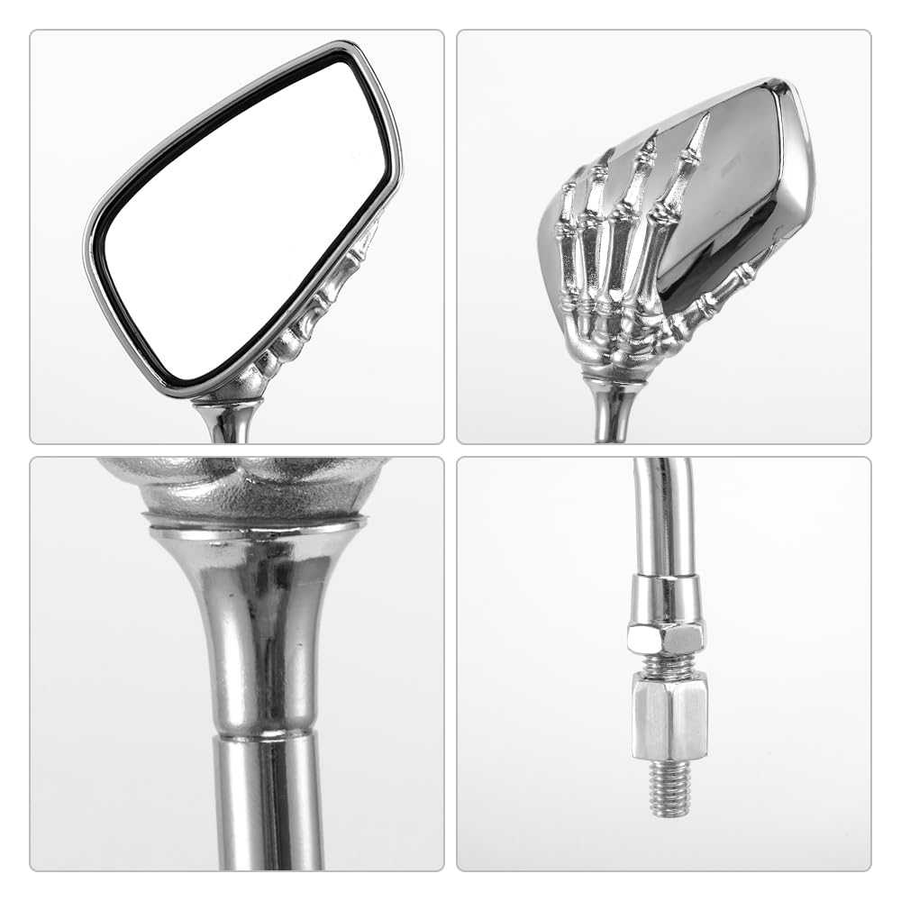 universel 8mm 10mm retroviseur moto chrome avec motif tête de mort et griffes retroviseur moto ompatible avec les motos sportives les choppers et les cruisers (Argent)