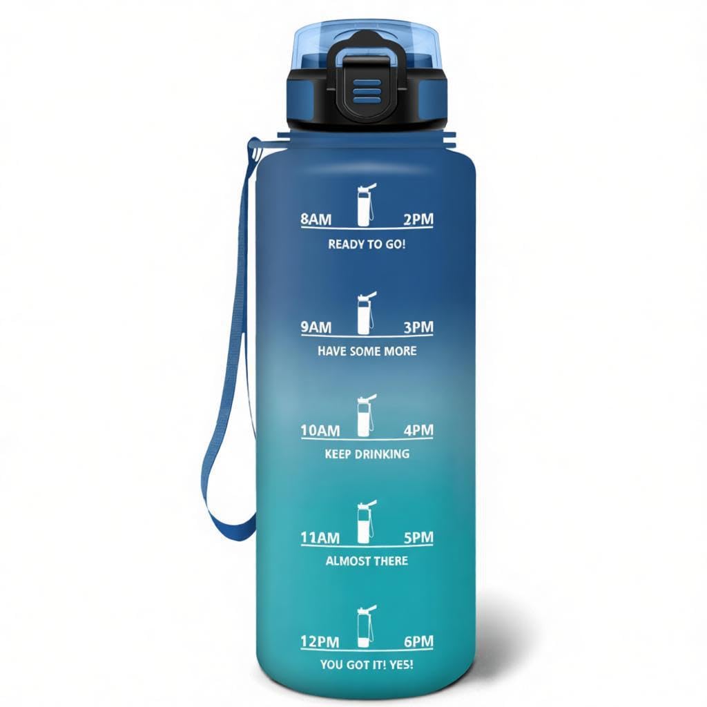Motswedi Drinking Bottle 1500 ml, Leak-Proof, BPA-Free, Motivational with Time Marking, Water Bottle with Straw Blue & Teal Green