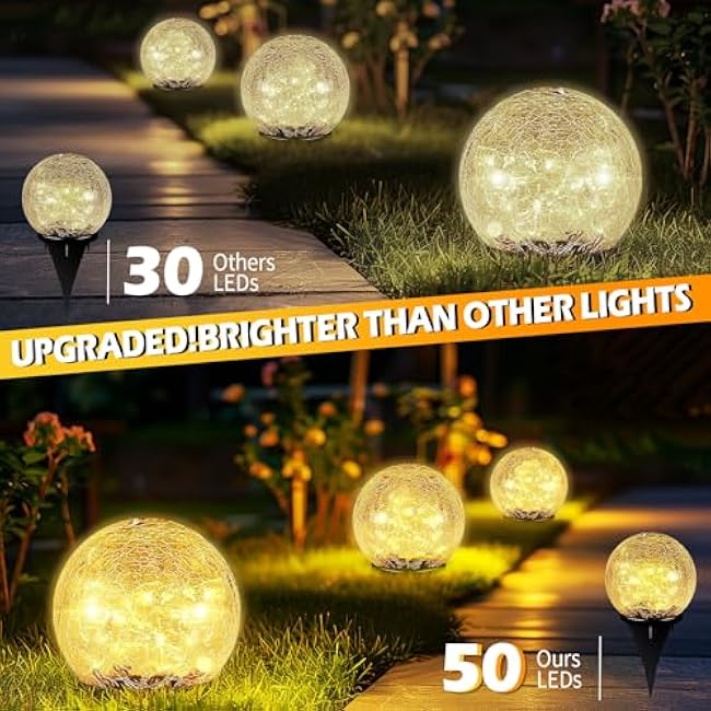 Garden Solar Ball Lights Outdoor Waterproof, 50 LED Cracked Glass Globe Solar Power Ground Lights for Path Yard Patio Lawn, Christmas Decoration Landscape Warm White(2 Pack 4.7'')