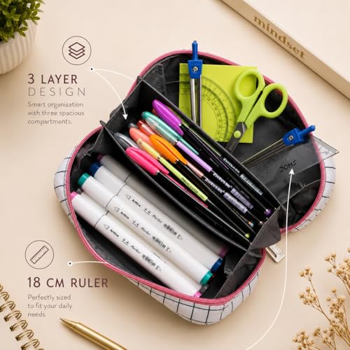Image of Wooum Wide Opening Pencil Bag, Pen Pouch, Pen Bag, Pencil Holder, School Supplies Stationary Bag Big Capacity (White-Checks)
