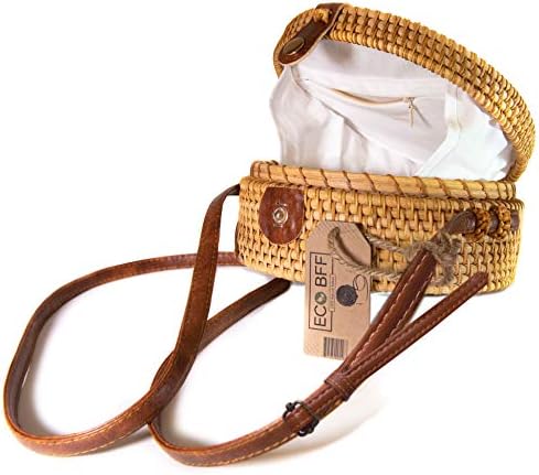 EOC BFF Crossbody Rattan Bag Round Natural, Handwoven Bali Design | Soft, Spacious Interior | Adjustable Shoulder Strap with Snap Closure