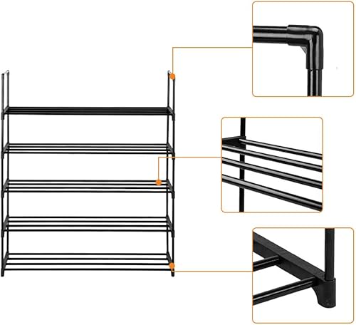 Miniatura 6 de Zapatero de 5 niveles para dormitorio, entrada, pasillo y armario, color negro, estante de almacenamiento de zapatos para 40-50 pares de zapatos,