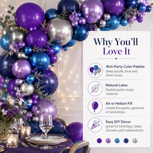 Image of Purple and Blue Balloon Set, 50 PCS 10 Inch Space Theme Party Supplies, Navy Blue Purple Silver Helium for Birthday Baby Shower