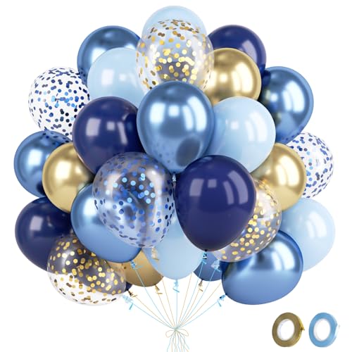 Fairymaiden Ballon Bleu Or - 60 Pièces Bleu Marine Doré Ballons Avec Métalliques Confettis Ballons, Ballon Helium Pour Anniversaire Baby Shower Mariage...