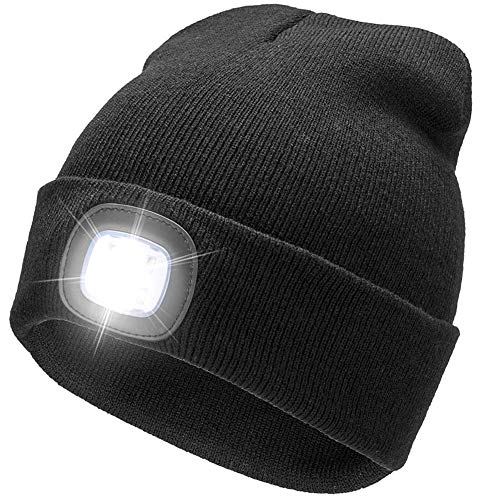 BO KAI LUN USB Rechargeable LED Beanie Cap, Lighting 4 LED Hands Free Flashlight, Easy Install Quick Release Headlamp Beanie, Unisex Winter Warmer Knit Cap Hat (Black)