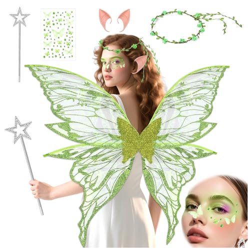 KutaKuta Feenflügel Kostüm - Feenflügel Erwachsene Kinder mit Elfenöhren,Fee Stirnband, Sterne Feenstäbe und Glitzernde Schmetterlingsaufkleber, Tinkerbell FlüGel für Halloween Feen Regentropfenbälle