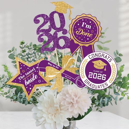 Image of Graduation Party Centerpieces Decorations for Tables Class of 2026-60pcs Glitter Purple and Gold Graduation Table Centerpieces Sticks with LED String Lights for Graduation Party Decor Supplies