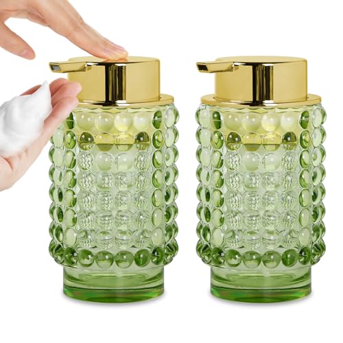 Fvstar 2pcs Glass Foaming Soap Dispenser, Green Foam Hand Soap Dispenser, 12 Oz Large Bottle with Gold Pump, Refillable Lotion Pump Container for Bathroom, Kitchen,Hand Soap, Dish Soap,Shampoo