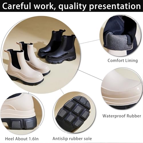 Women's Chelsea Rain Boots Waterproof Trendy Rubber Ankle Boots Comfy Round Toe Elastic Slip On Platform Short Garden Boots for Outdoor Work & Daily3