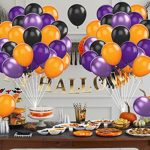 Image of FunHot Halloween Party Balloons, 60Pcs Black Purple Orange Balloons, 12 Inch Metallic Purple Black Latex Balloons Purple Orange Party Balloons Helium for Kids Halloween Birthday Decorations Indoor