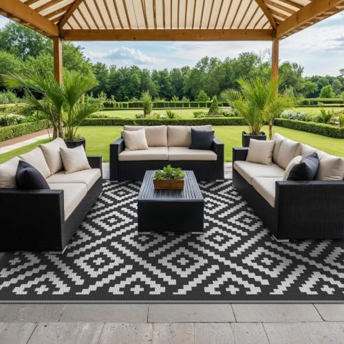 Image of GENIMO Outdoor Rugs 8x10 Waterproof, Reversible Mats, Area Plastic Straw Rug, Outside Carpet, Geometric Rv Mat for Patio Camping Picnic Backyard Deck Balcony Porch Beach Trailer (Black & White)