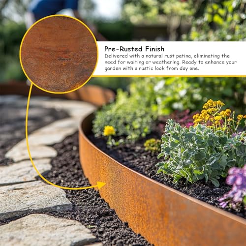 Image of Corten Steel Metal Lawn Edging 10 Metre (33ft), Roll, Pre-Rusted Metal Garden Edging 14 cm High, Easy to install Garden Edge Border, Safety Gloves Included (RUST, 10M)