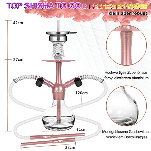 Mini Shisha Set, 42cm Hookah to go 2 Schläuche 2 Anschlüsse, Aluminium Wasserpfeife Set Klein, Reise Shisha Komplett mit… – Bild 4
