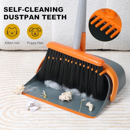 Image of Broom and Dustpan Set with 54 Inch Long Handle - Perfect Dust Pan and Brush Combo for Home Efficient Cleaning (Orange and Grey)