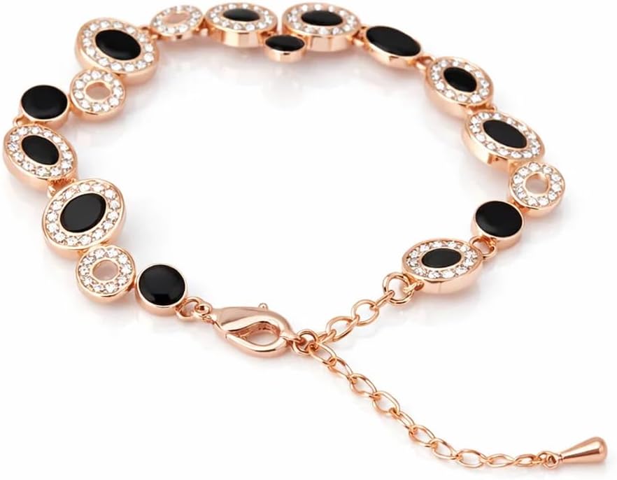FAIRY COUPLE Black Enamel Bracelet for Women, 18K Rose Gold Plated Geometric Circle Link Bracelet with Pavé CZ, Professional Statement Jewelry, 14.8g Substantial Feel, Model B145