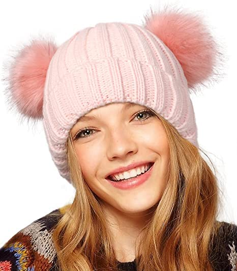Toddler Double Pom Pom Beanie Women Winter hat Warm Soft Toddler Cap Cute Knitted Beanie for Women (Pink)-image-48