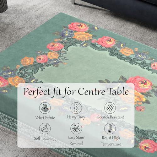 Image of Cloth Fusion Rectangular Velvet Floral Centre Table Cover Cloth, Table Cloth With Elegant Floral Pattern For Living Room (40x60 Inch, Turquoise)