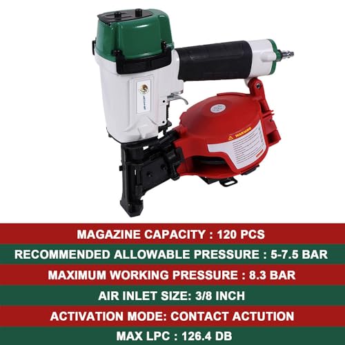 Image of Mexican Style CN45N Roofing Nailer, 15 Degree Roofing Nail Gun, 3 /4-Inch to 1-3 /4-Inch Coil Nails, 120-pcs Load Capacity Coil Nailer
