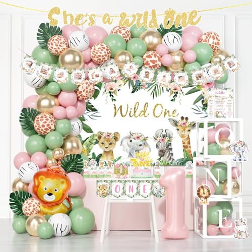Fiesec Wild One Birthday Decorations Girl Jungle Safari Animal Theme First Party Supplies Balloons Backdrop Highchair Banner Box Leaves Monthly Photo Cutout Cake Topper Crown Poster
