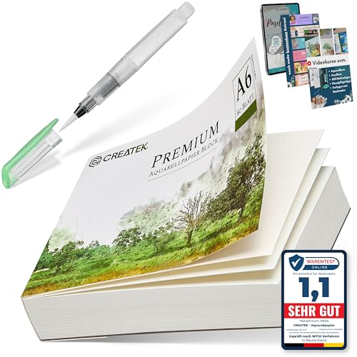 CreaTek Aquarellpapier A6 300g mit 60 Blatt [ Premium Qualität für brillante Aquarelle ] Naturweiß & Kaltgepresst Aquarellblock A6 inkl. Gratis Zubehör & Videokurs - Aquarellpapier Karten